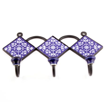 Navy Blue And White Floral Tiles Hooks